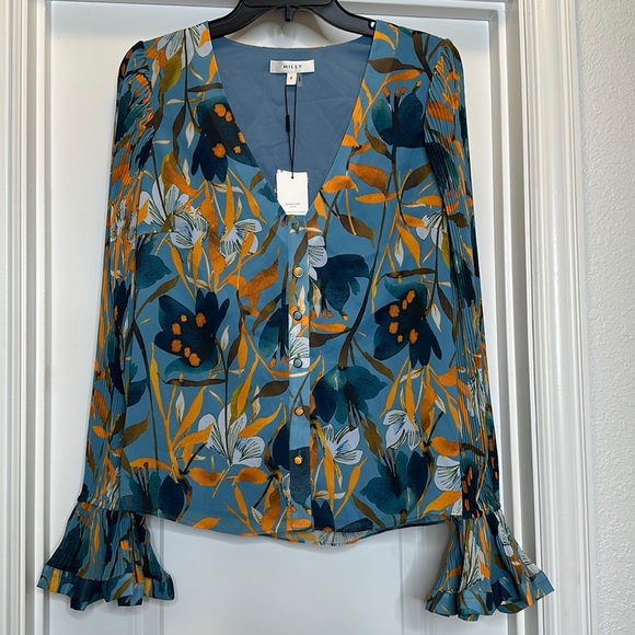 Milly Greer Watercolor Azalea Top Sz M Blouse - Picture 2 of 7
